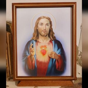 Sacred Heart of Jesus Picture in Vintage Thailand Teak Wooden Frame